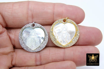 CZ Jesus Charms, Gold White Shell Mary Round Pendant #6, Silver Heart Mother of Pearl Shell Rosary Necklace Charm